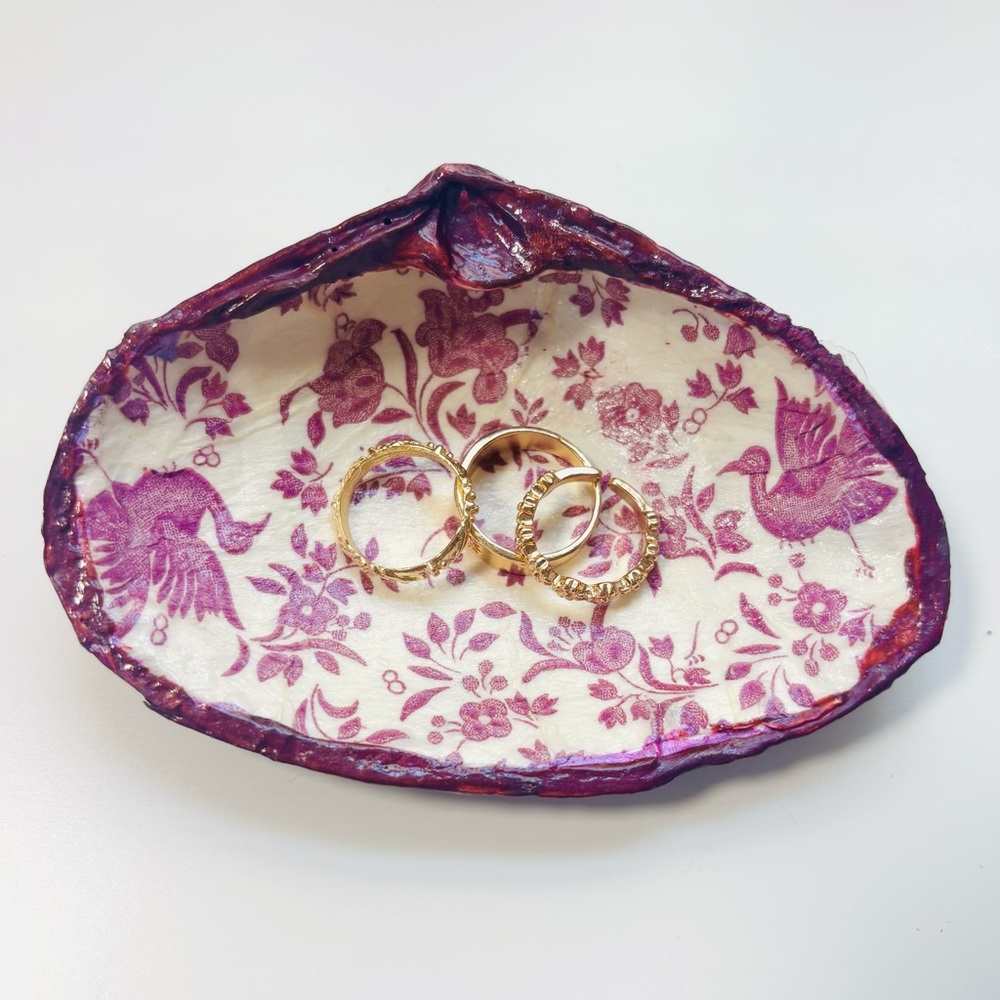 Handmade Clam Shell Trinket Dish w/ Mauve Peacock Decoupage Design
